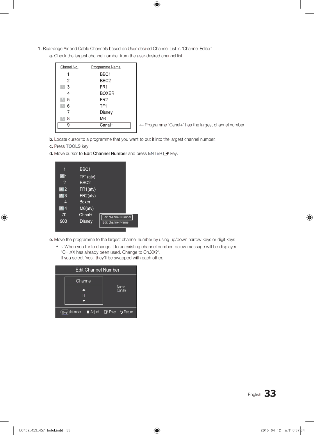 Samsung 453, 452, 457 installation manual Edit Channel Number 