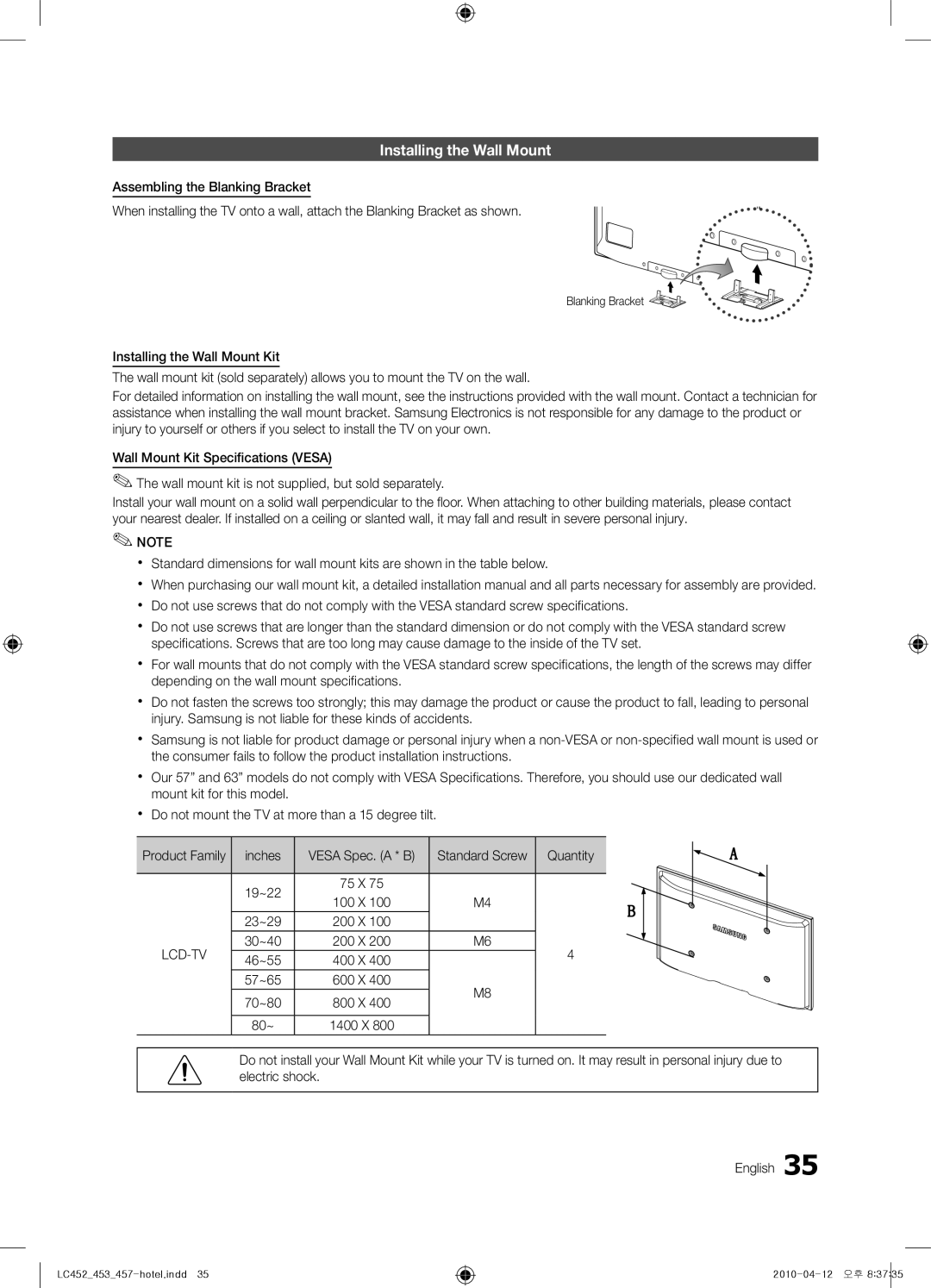 Samsung 457, 453, 452 installation manual Installing the Wall Mount, Quantity 