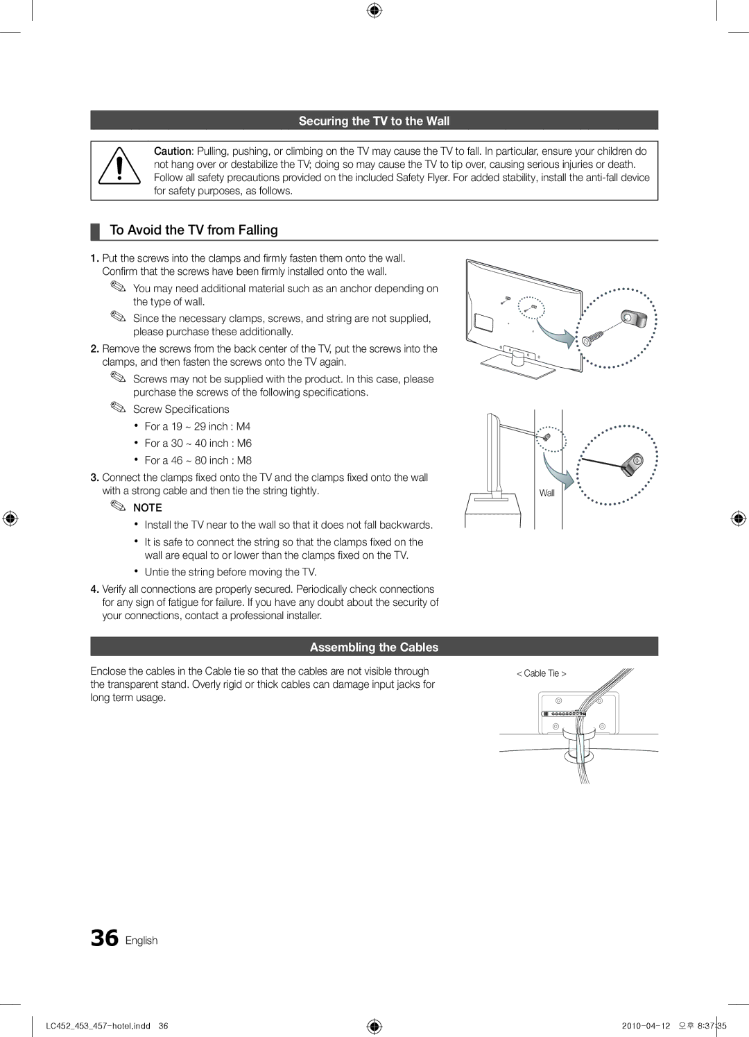 Samsung 453, 452, 457 installation manual To Avoid the TV from Falling, Securing the TV to the Wall, Assembling the Cables 