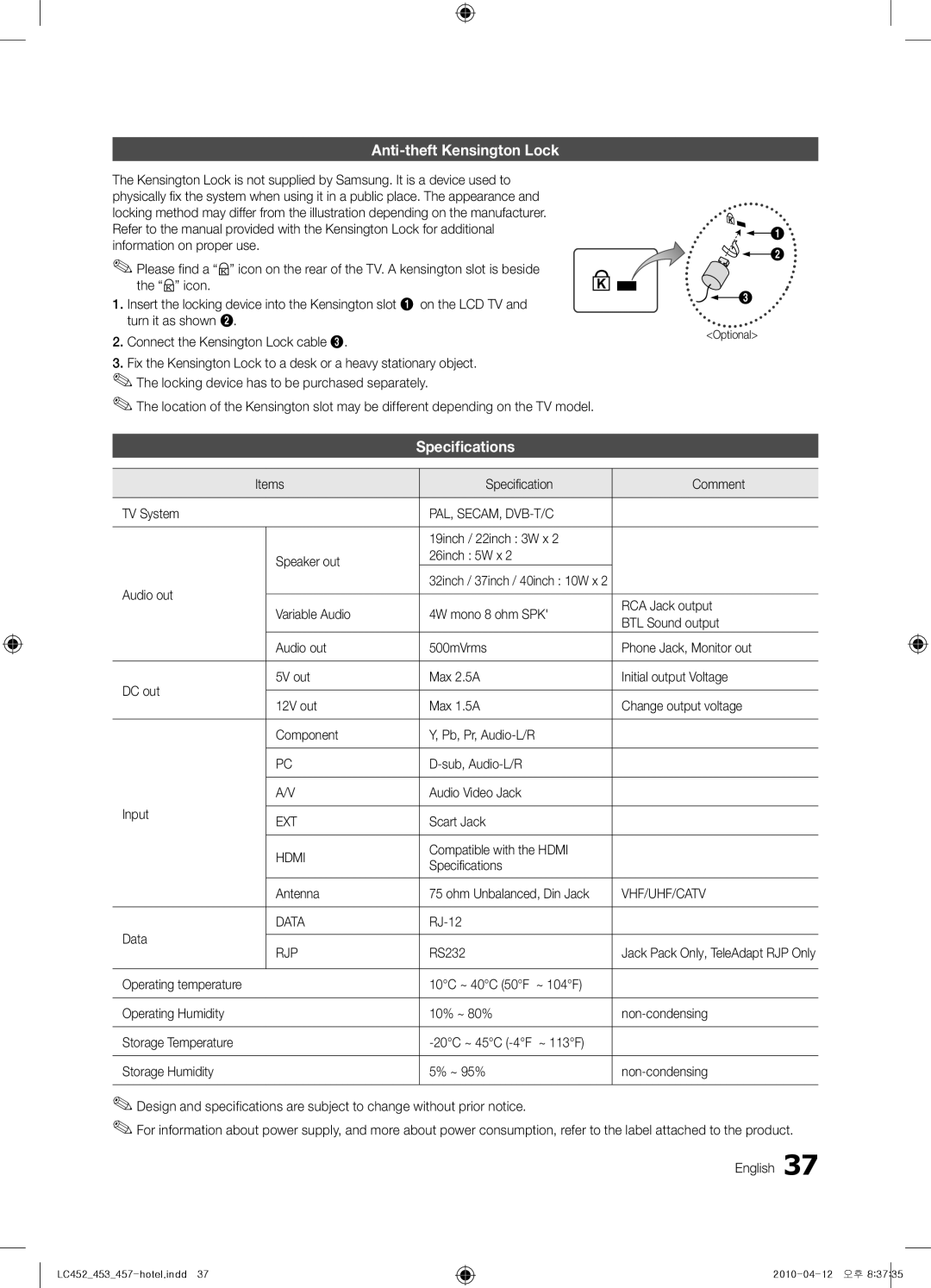 Samsung 452, 453, 457 installation manual Anti-theft Kensington Lock, Specifications 