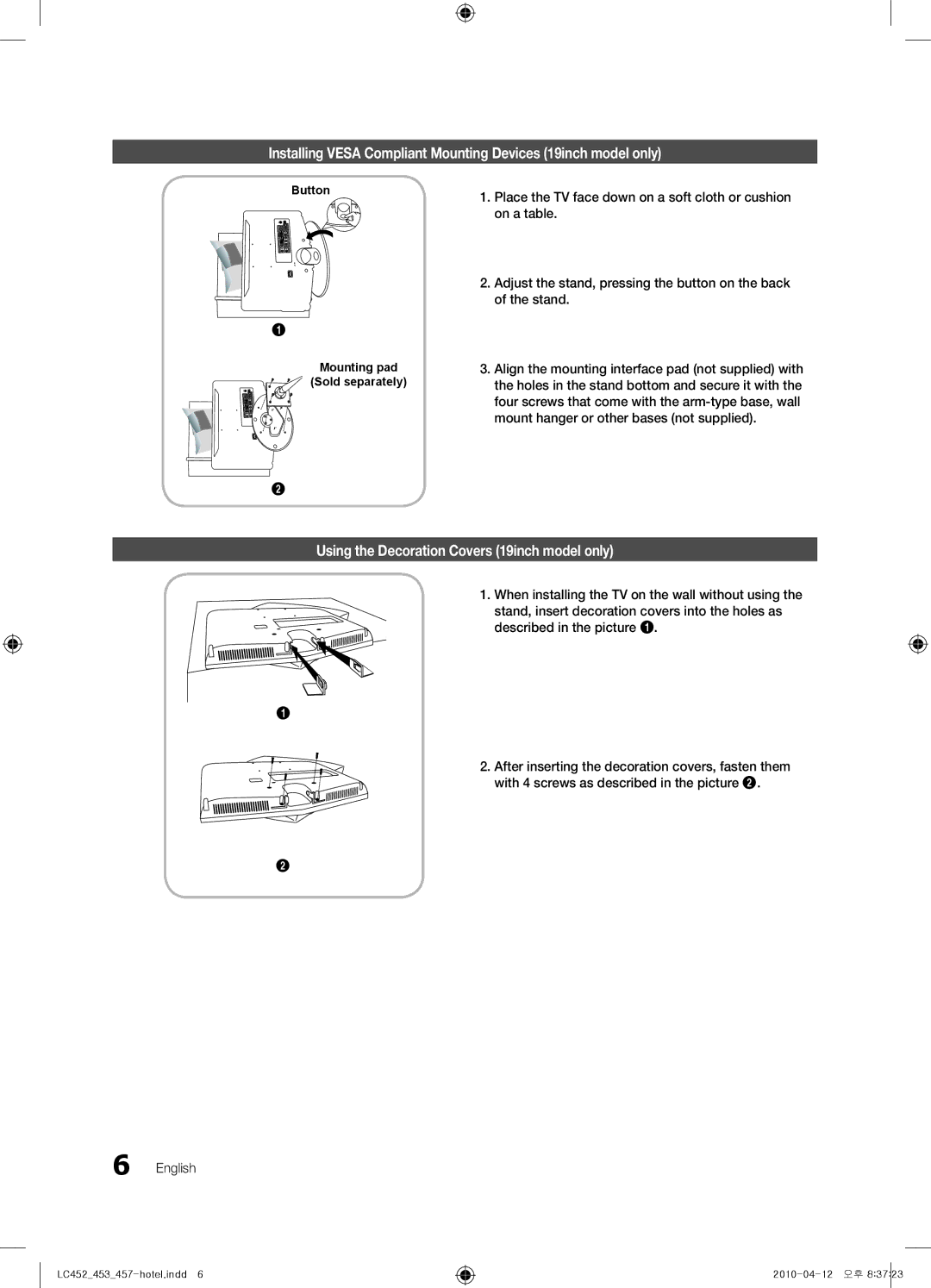 Samsung 453 Installing Vesa Compliant Mounting Devices 19inch model only, Using the Decoration Covers 19inch model only 