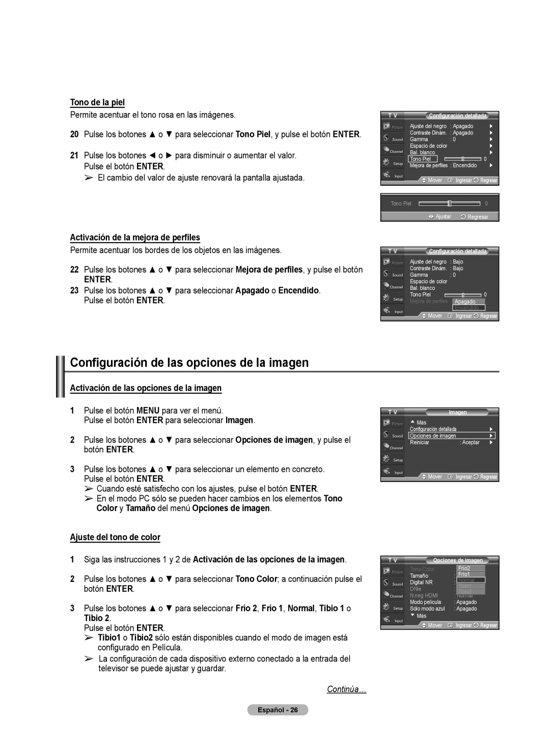 Samsung 460 user manual Configuración de las opciones de la imagen, Tono de la piel, Activación de la mejora de perfiles 