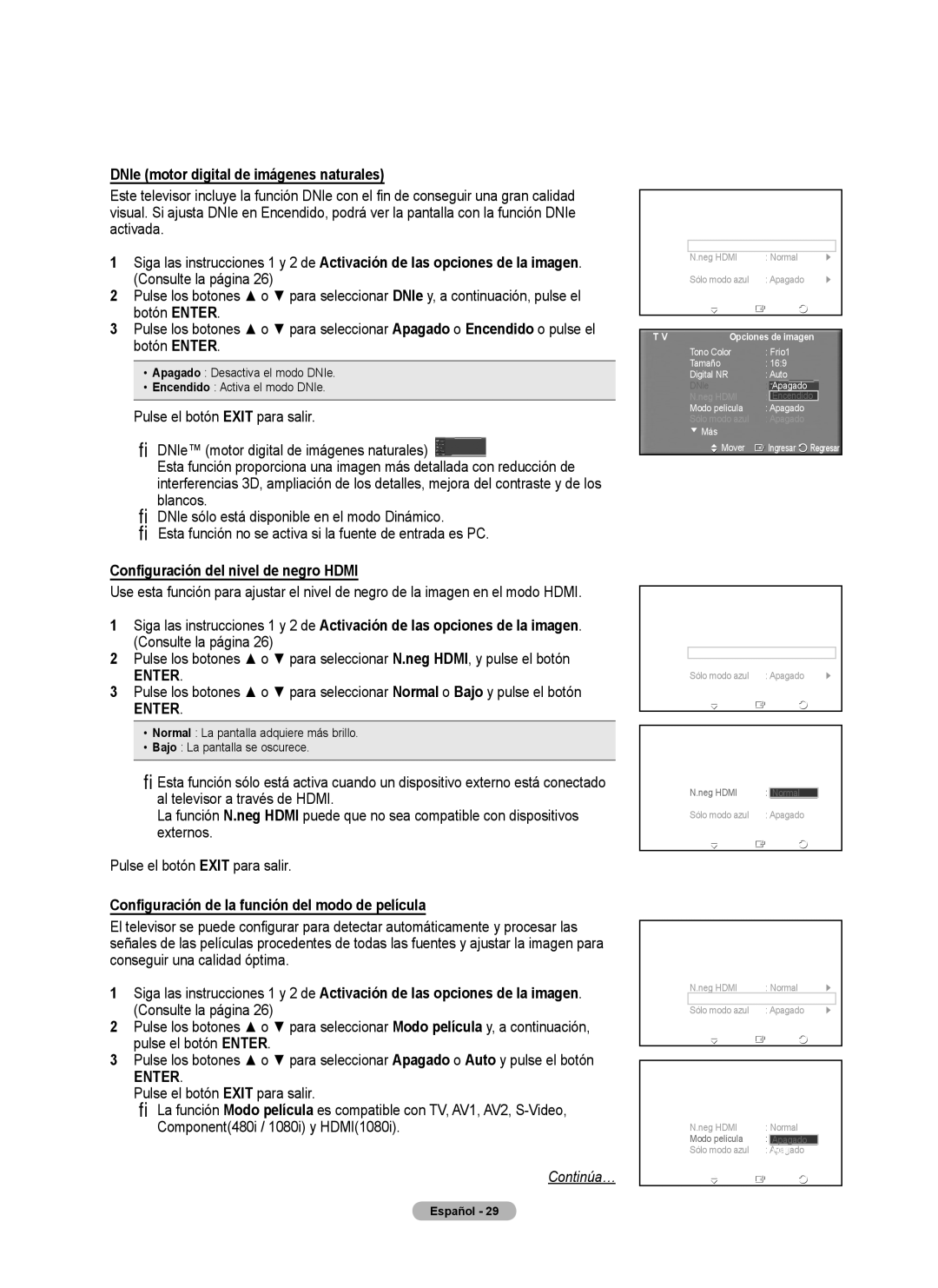 Samsung 460 user manual DNIe motor digital de imágenes naturales, Configuración del nivel de negro Hdmi 