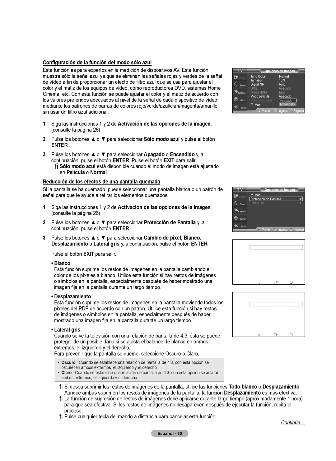 Samsung 460 Configuración de la función del modo sólo azul, Reducción de los efectos de una pantalla quemada, Blanco 