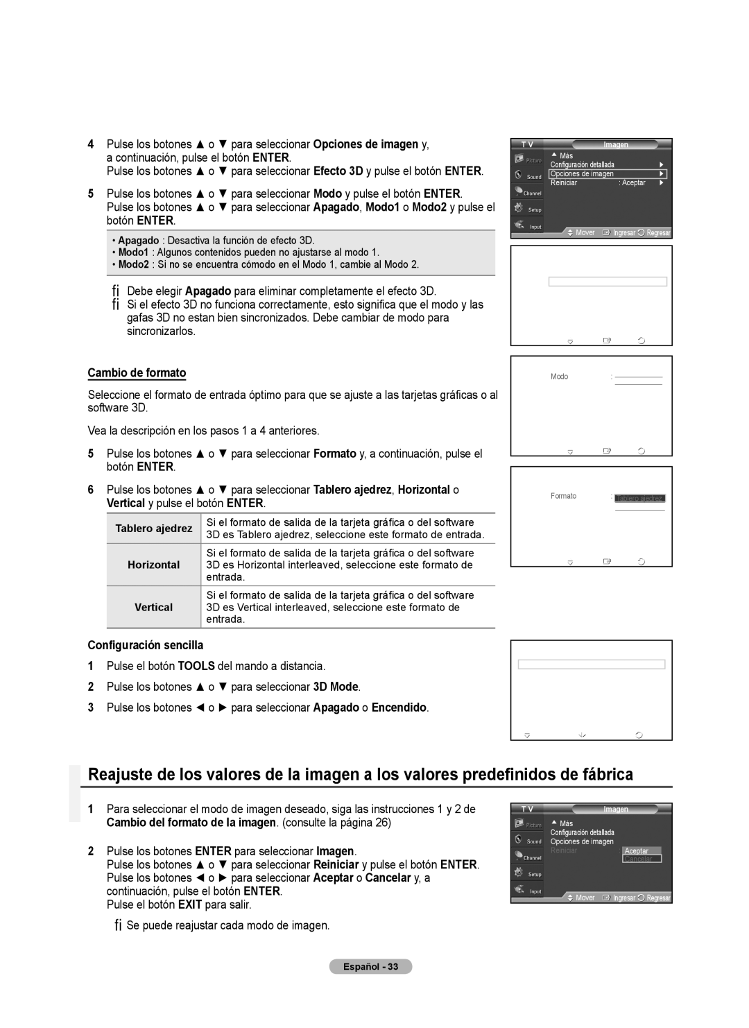 Samsung 460 user manual Cambio de formato, Tablero ajedrez, Efecto 3D, VImagen 