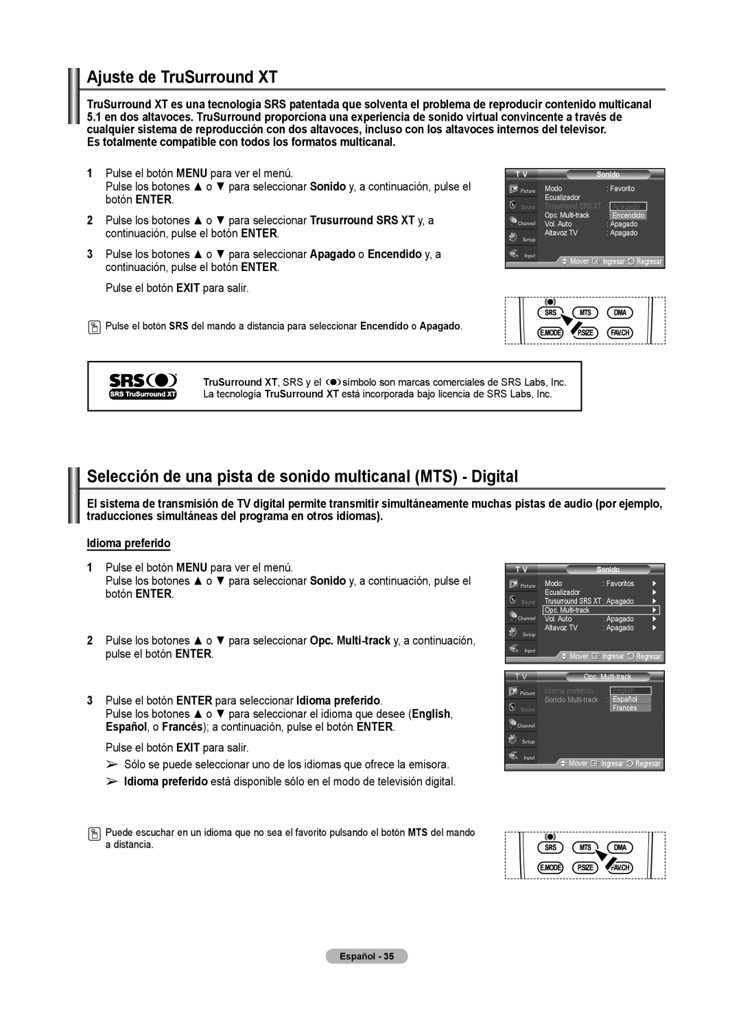 Samsung 460 user manual Ajuste de TruSurround XT, Selección de una pista de sonido multicanal MTS Digital, Sonido 