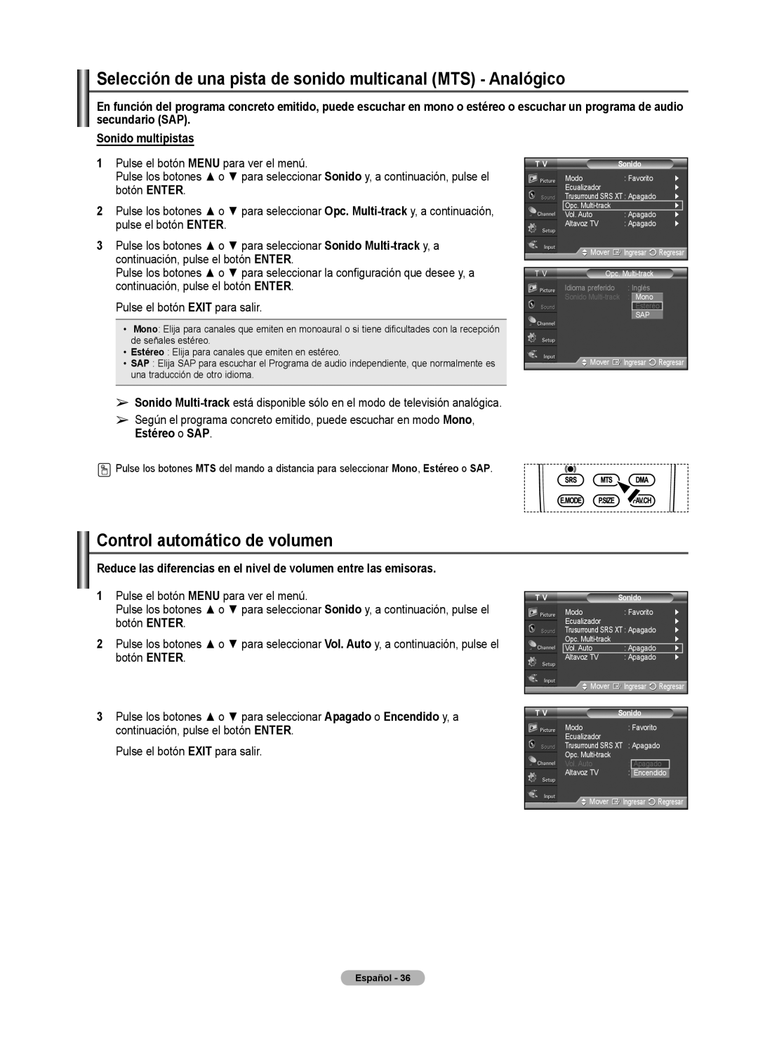 Samsung 460 user manual Selección de una pista de sonido multicanal MTS Analógico, Control automático de volumen, Modo 