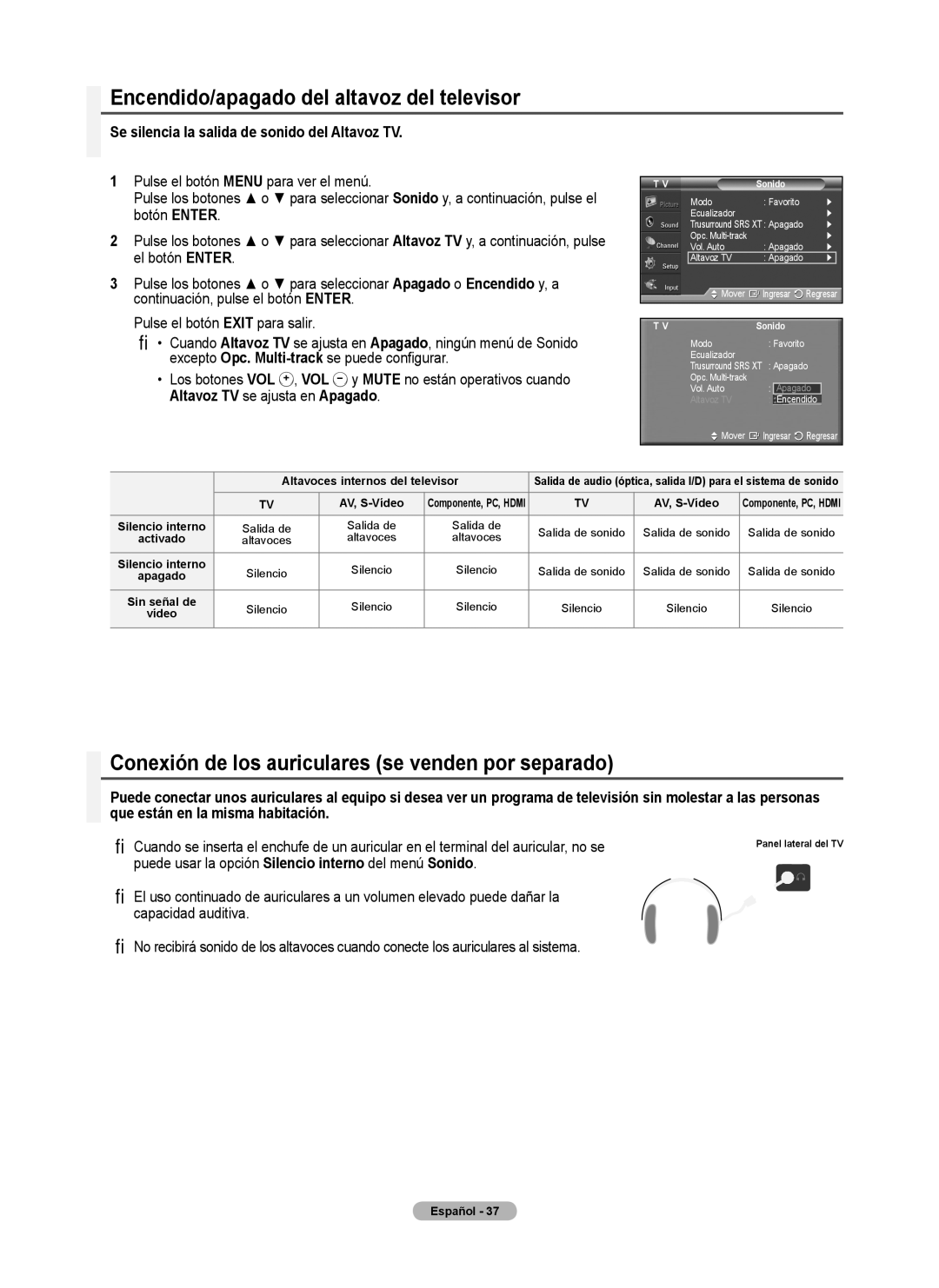 Samsung 460 user manual Encendido/apagado del altavoz del televisor, Conexión de los auriculares se venden por separado 