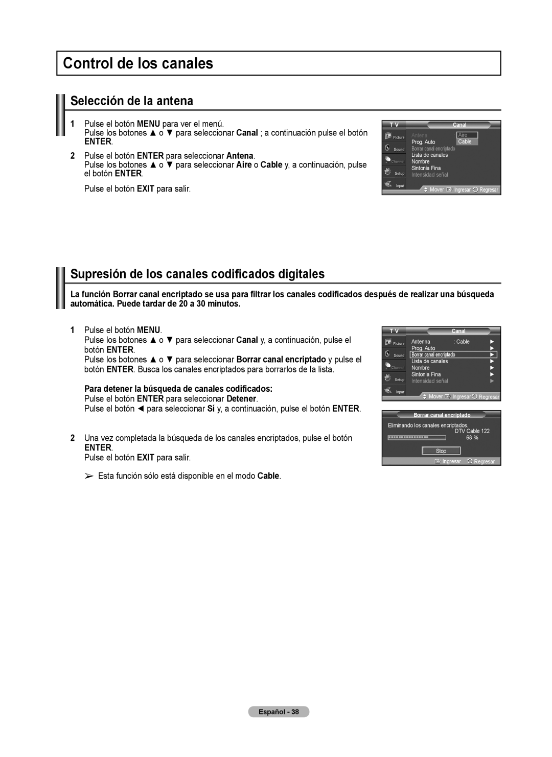 Samsung 460 user manual Control de los canales, Selección de la antena, Supresión de los canales codificados digitales 