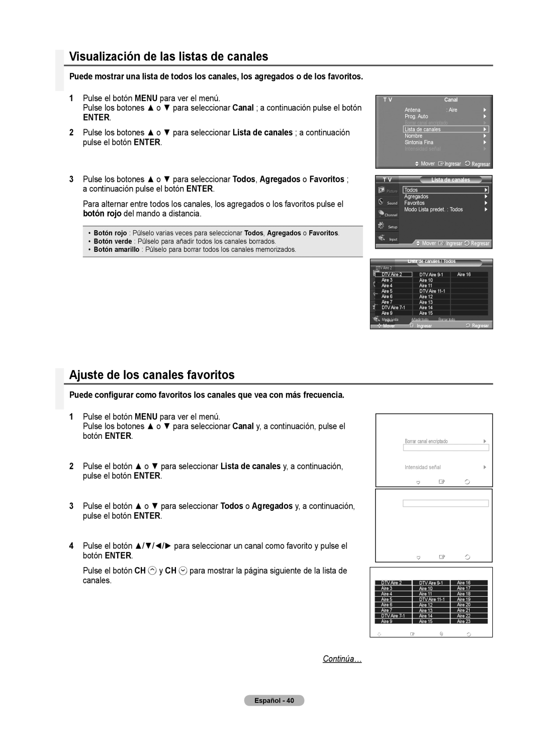 Samsung 460 user manual Visualización de las listas de canales, Ajuste de los canales favoritos 