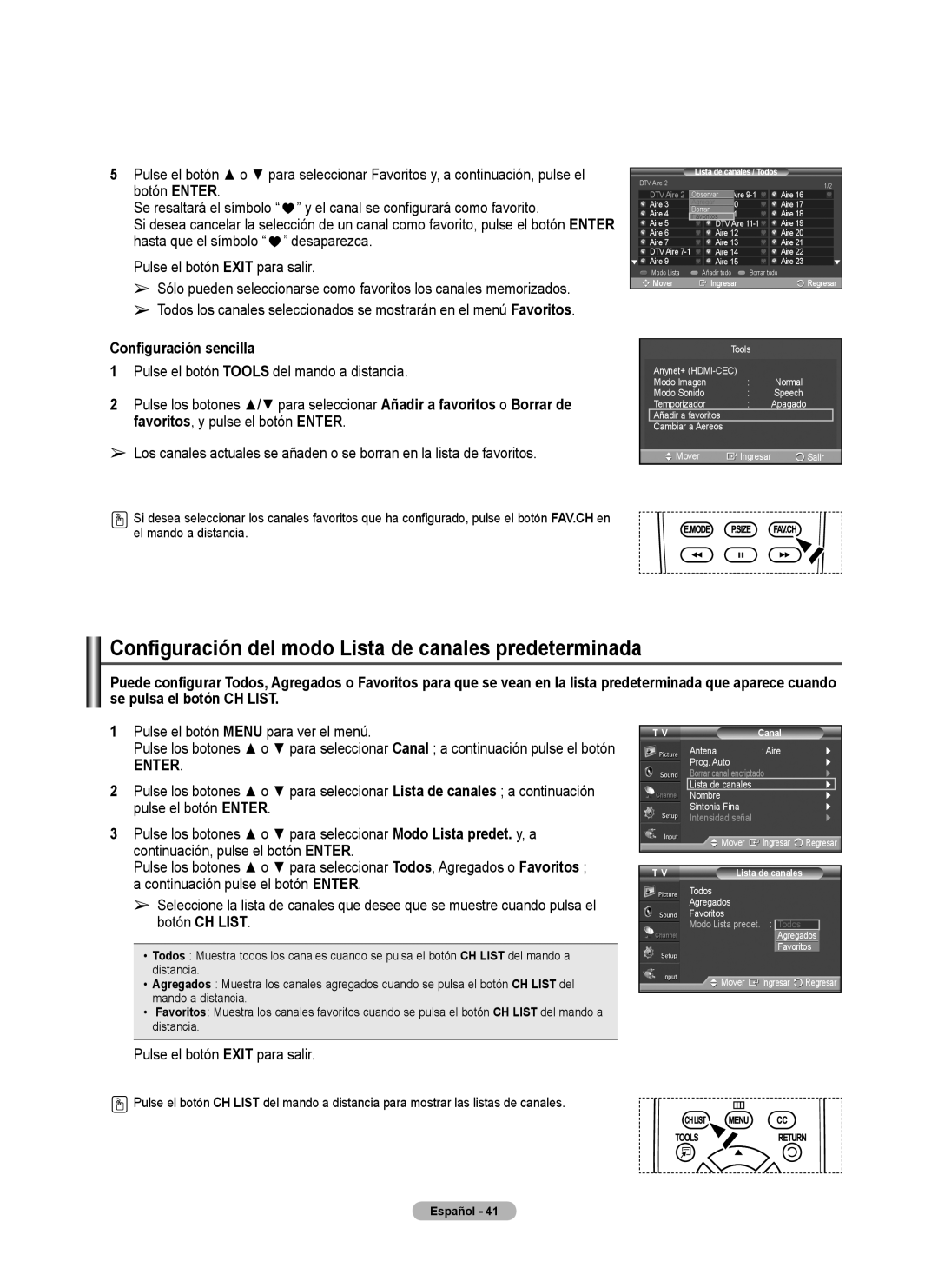 Samsung 460 user manual Configuración del modo Lista de canales predeterminada, Configuración sencilla 