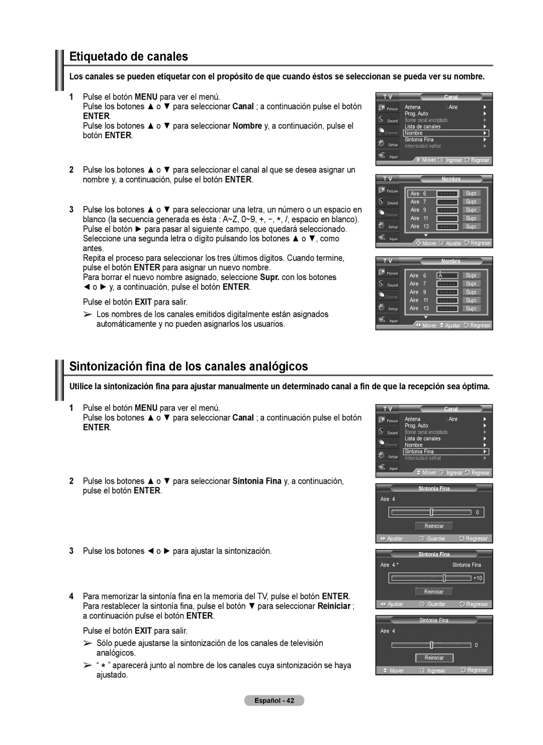 Samsung 460 user manual Etiquetado de canales, Sintonización fina de los canales analógicos, Nombre, Sintonia Fina 