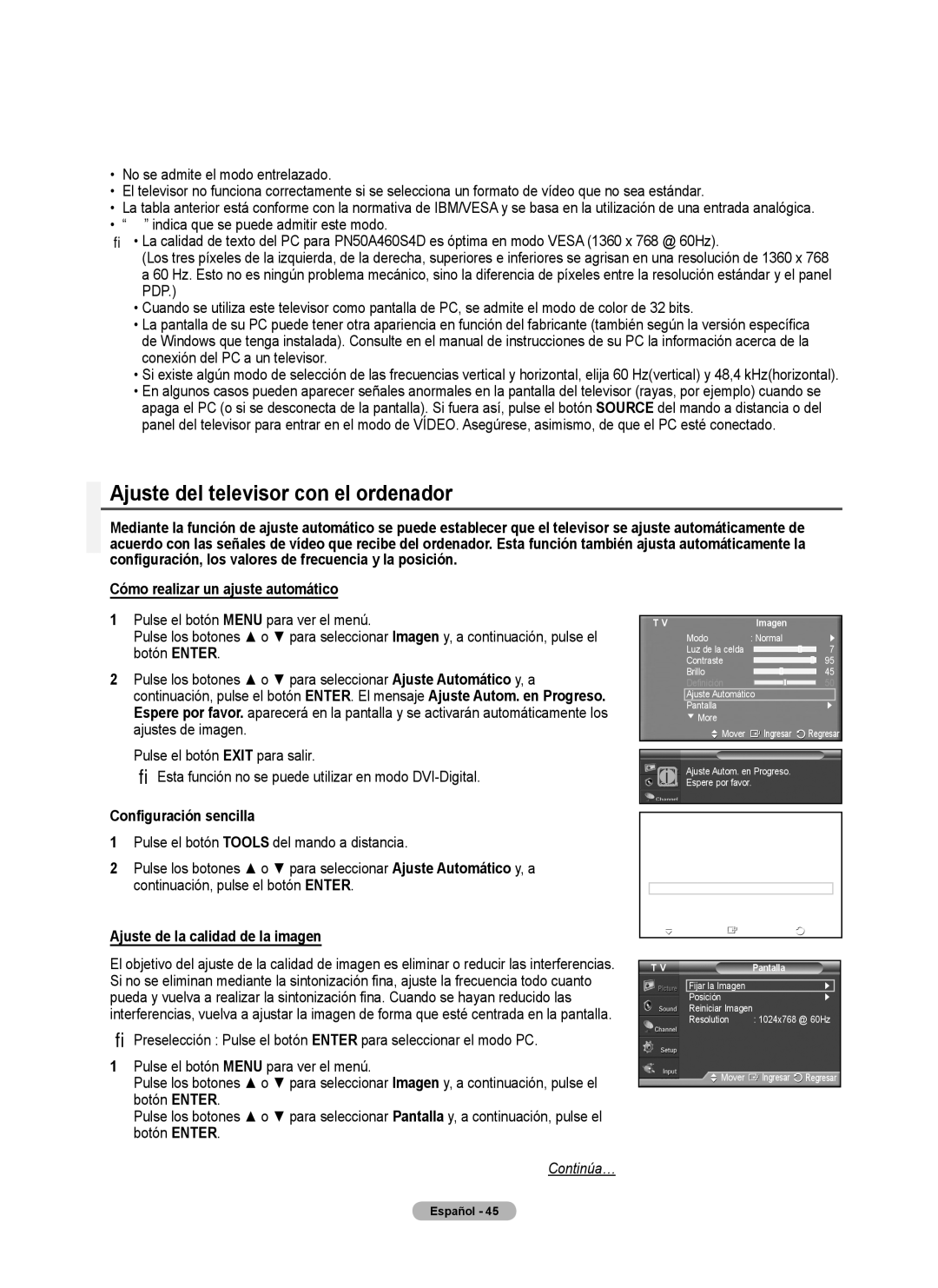 Samsung 460 user manual Ajuste del televisor con el ordenador, Indica que se puede admitir este modo, Pantalla 