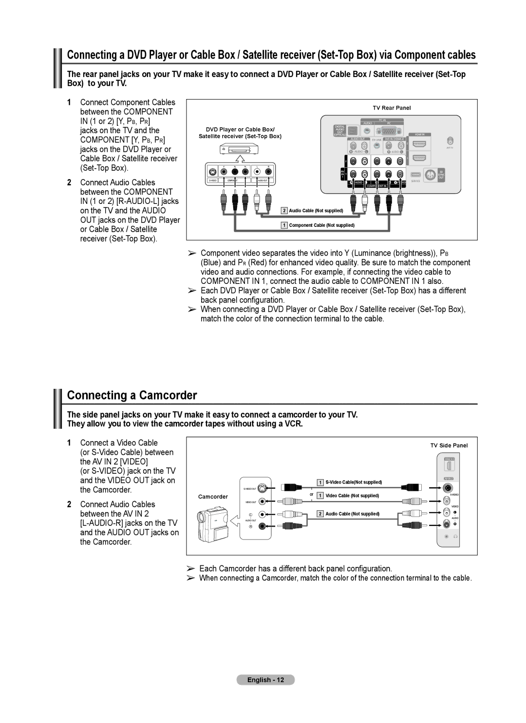 Samsung 460 user manual Connecting a Camcorder, Cable Box / Satellite receiver Set-Top Box, Connect a Video Cable 