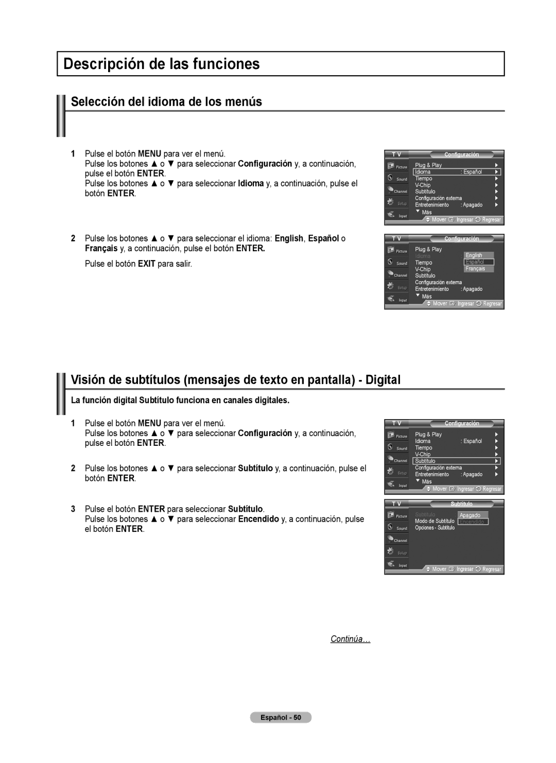 Samsung 460 user manual Descripción de las funciones, Selección del idioma de los menús, Subtítulo 