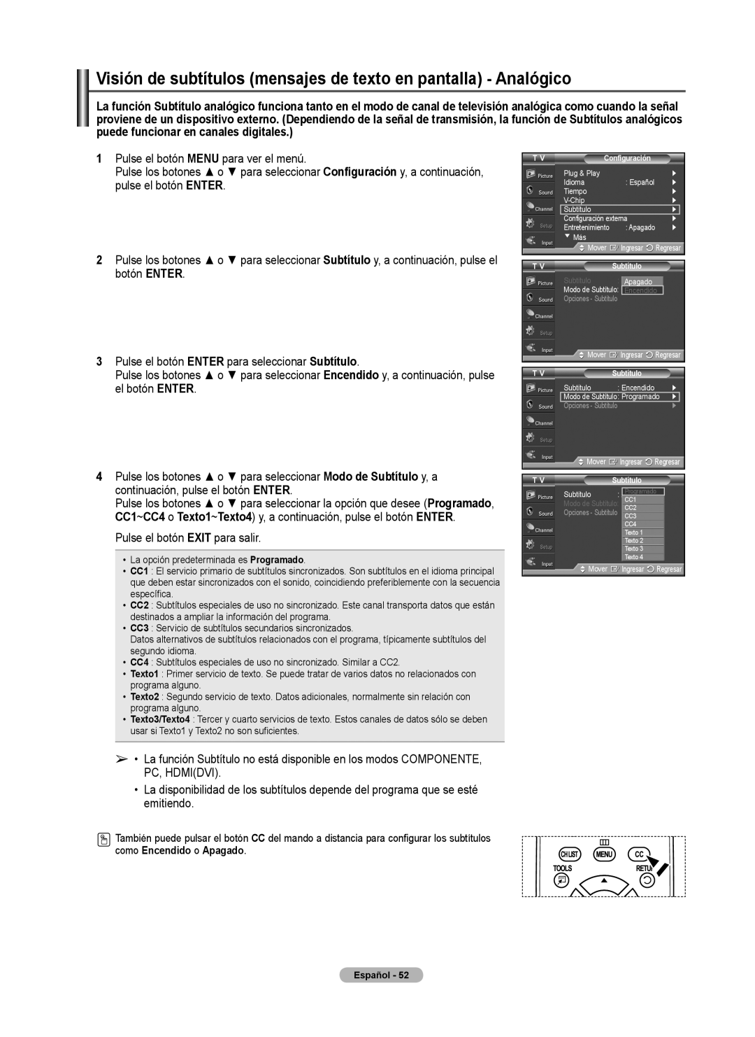 Samsung 460 user manual Visión de subtítulos mensajes de texto en pantalla Analógico, Como Encendido o Apagado 