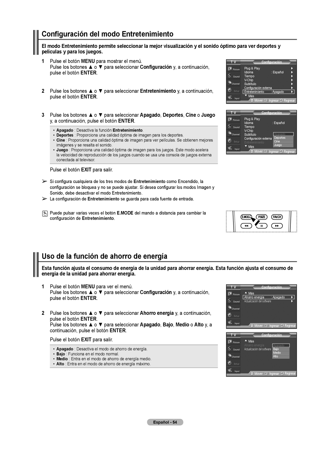 Samsung 460 user manual Configuración del modo Entretenimiento, Uso de la función de ahorro de energía 