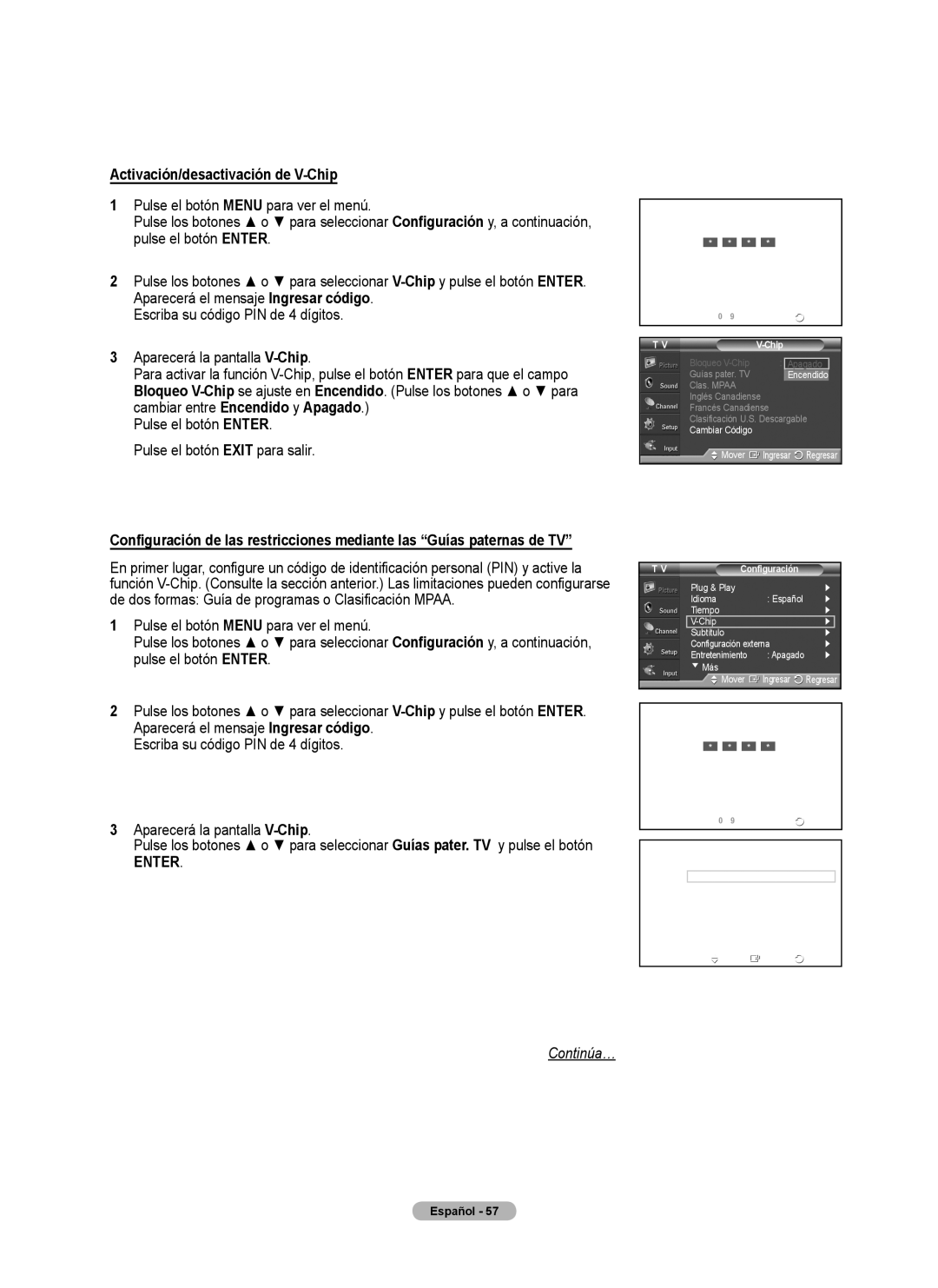 Samsung 460 user manual Activación/desactivación de V-Chip, Ingresar código Escr.Código 