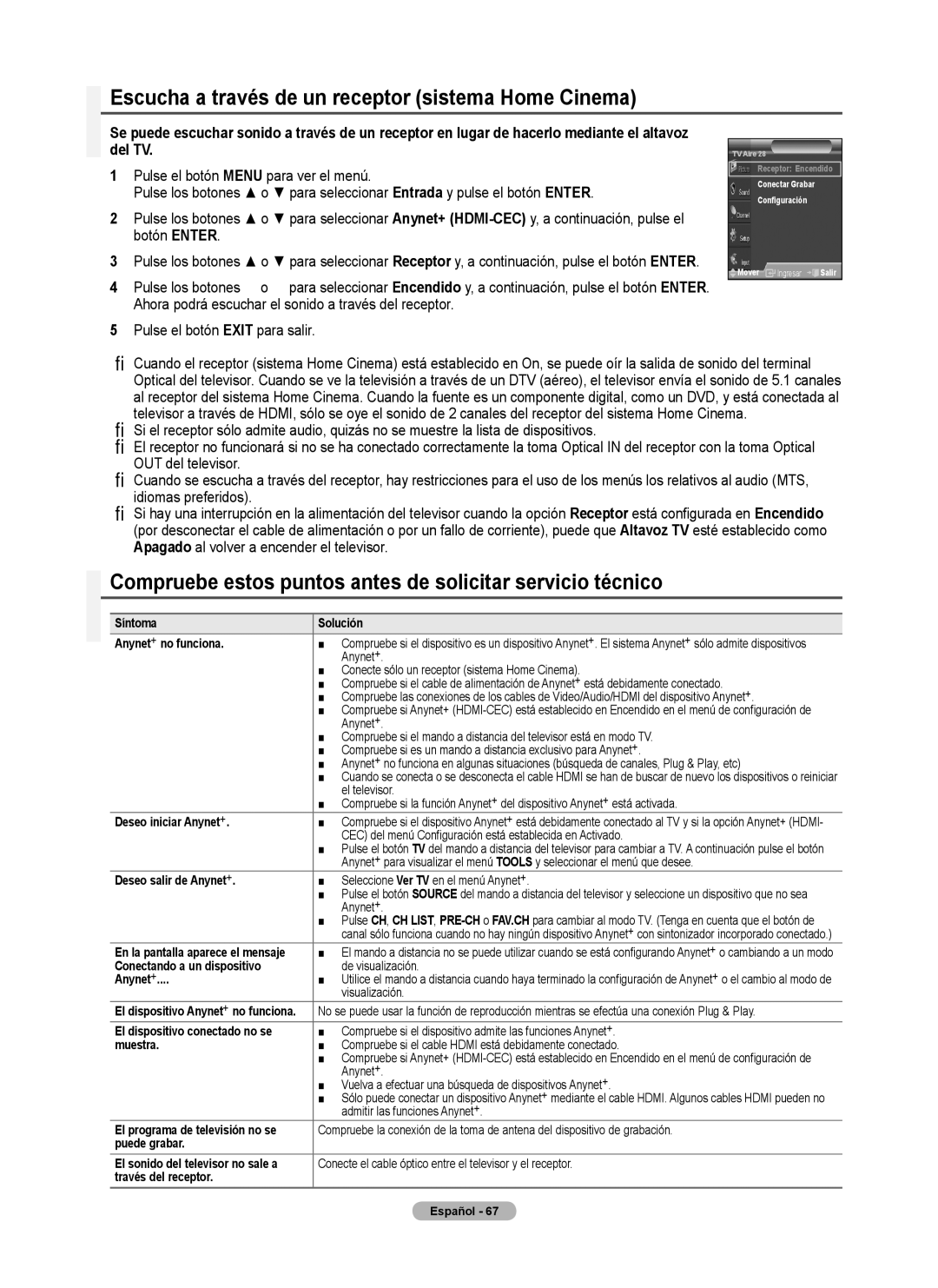 Samsung 460 user manual Escucha a través de un receptor sistema Home Cinema 