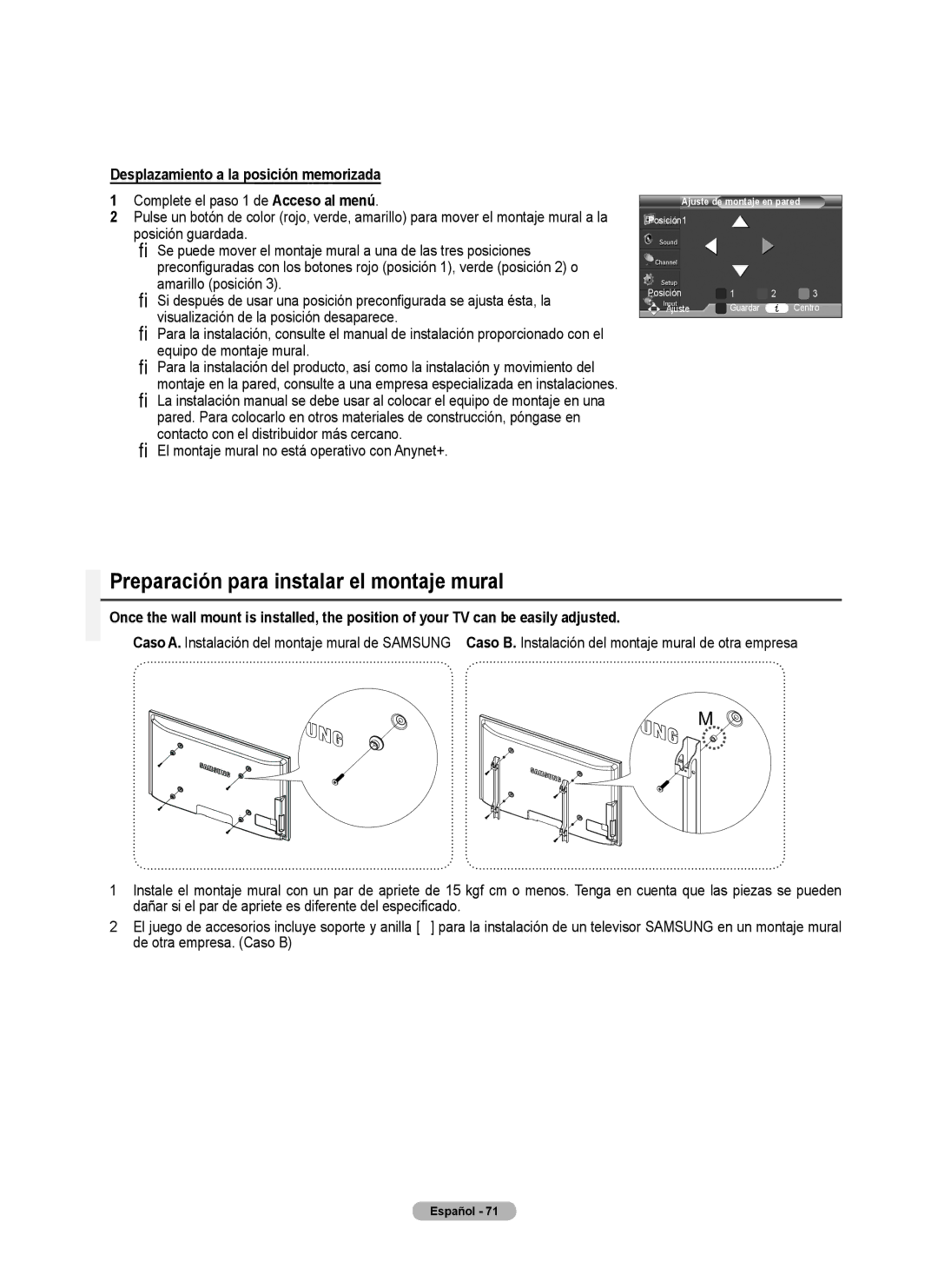 Samsung 460 user manual Preparación para instalar el montaje mural, Desplazamiento a la posición memorizada 