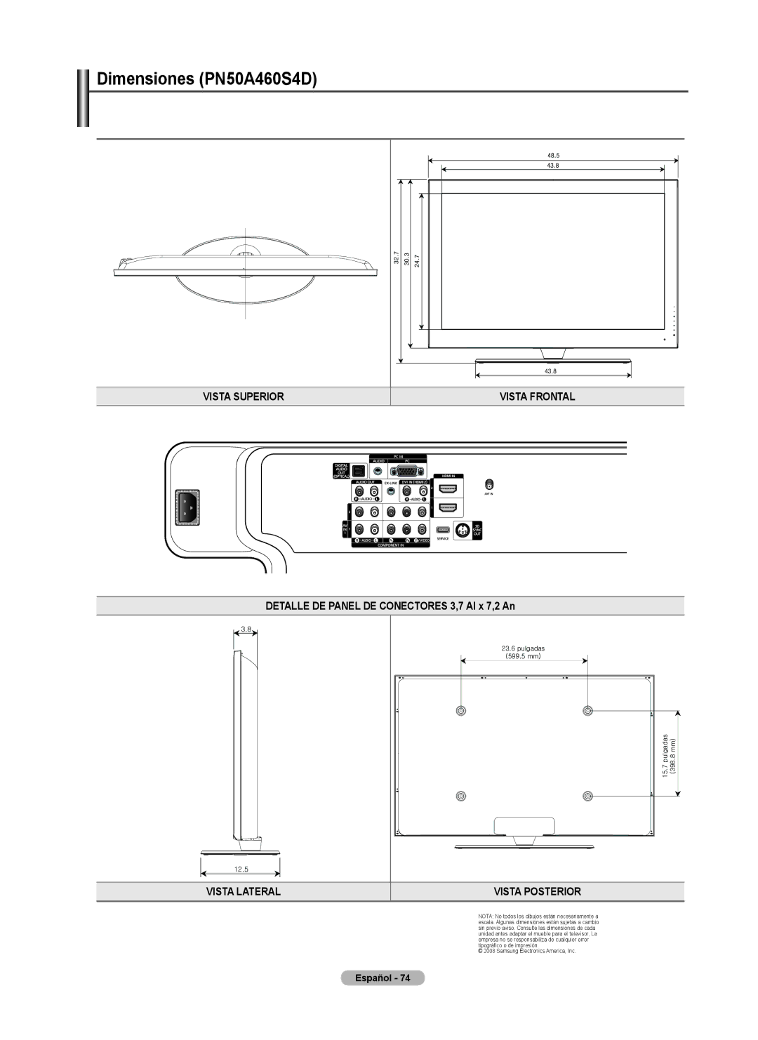 Samsung user manual Dimensiones PN50A460S4D, Detalle DE Panel DE Conectores 3,7 Al x 7,2 An 