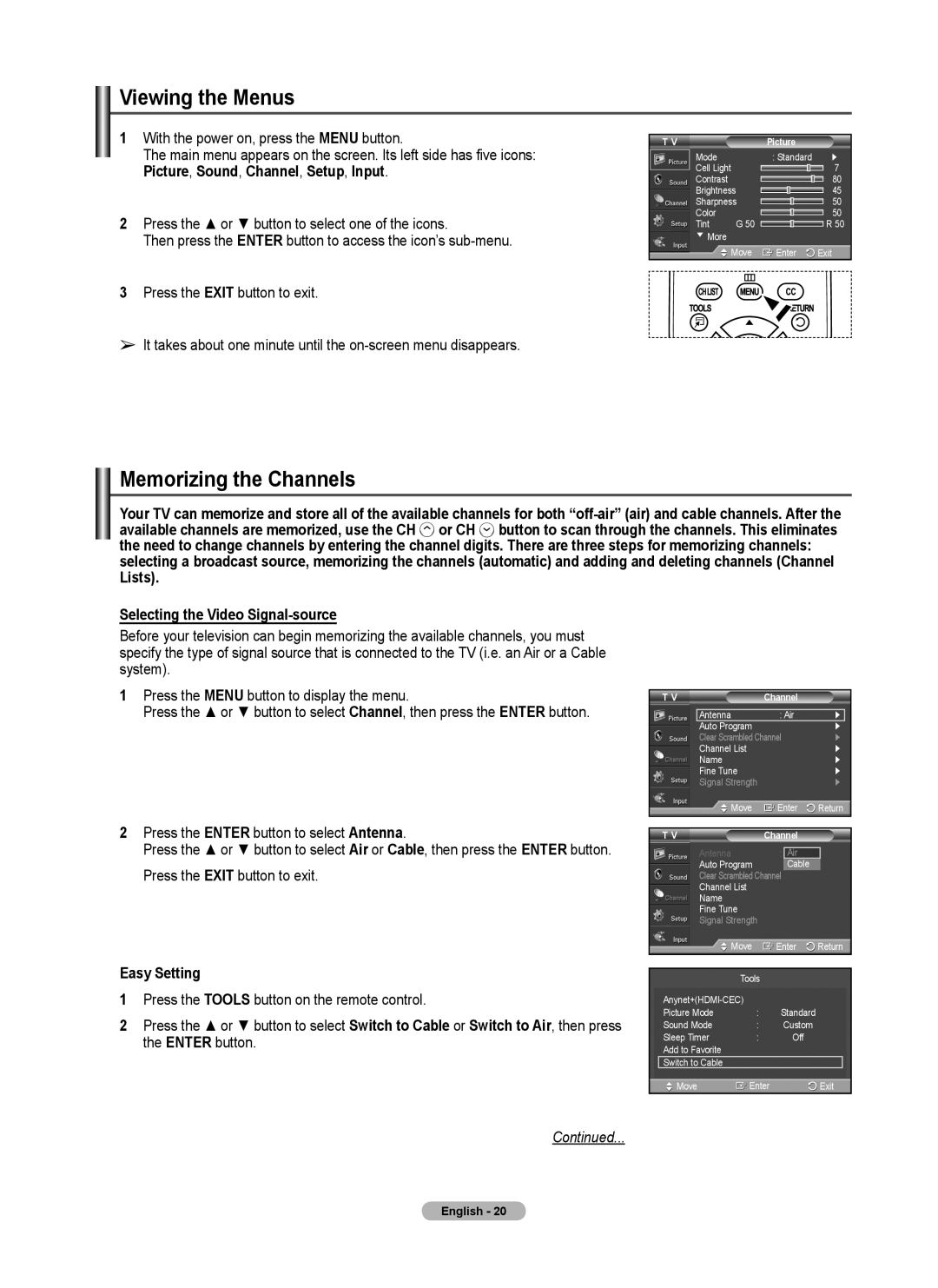 Samsung 460 user manual Viewing the Menus, Memorizing the Channels, Easy Setting, Picture 