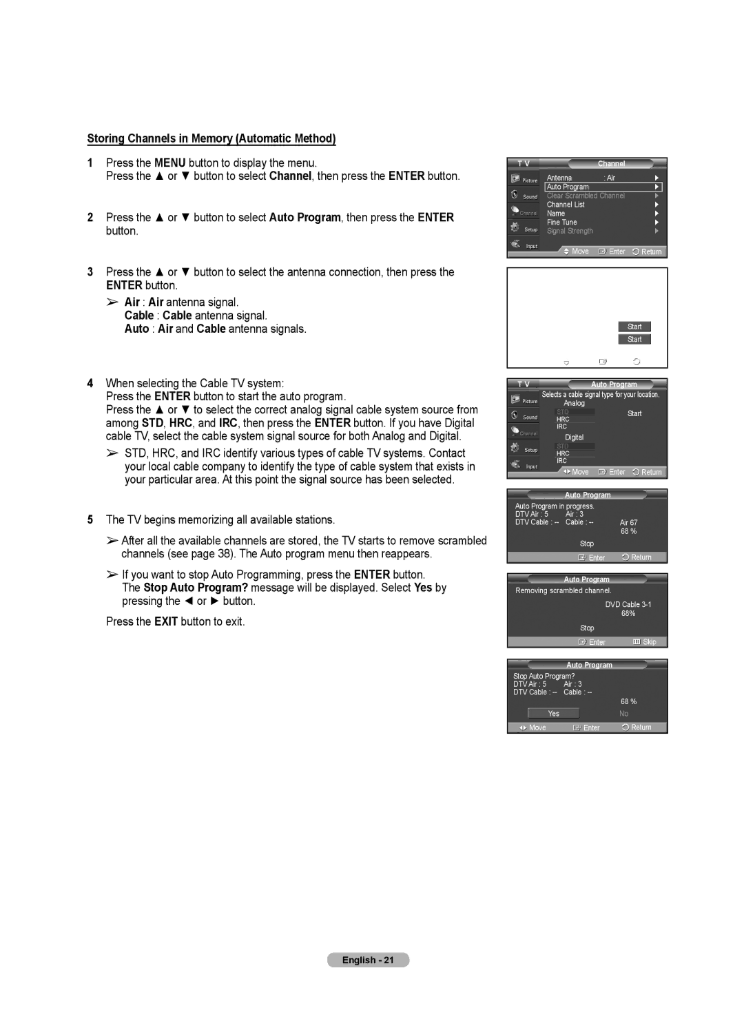 Samsung 460 Storing Channels in Memory Automatic Method, TV begins memorizing all available stations, Auto Program 