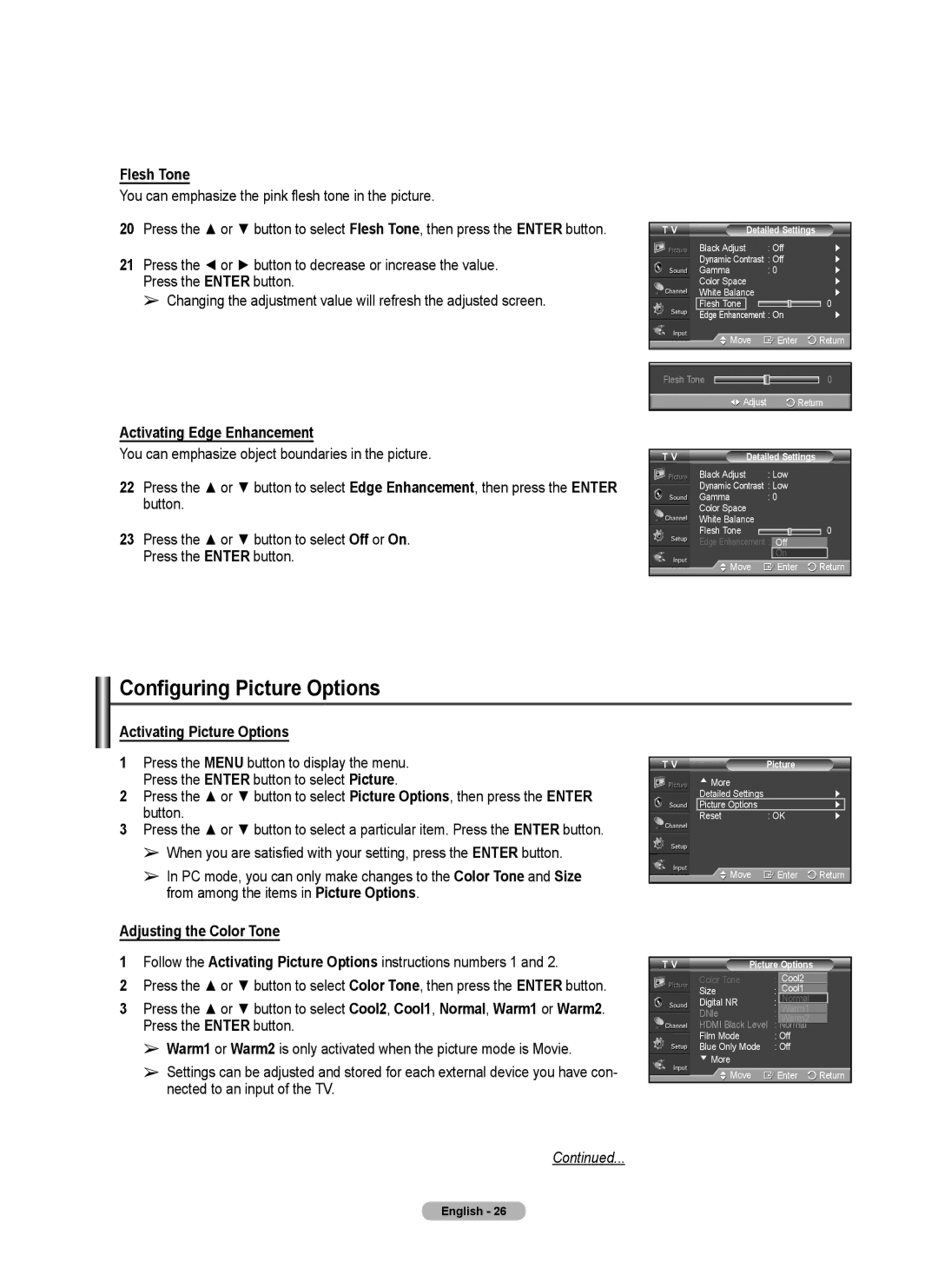 Samsung 460 user manual Configuring Picture Options, Flesh Tone, Activating Edge Enhancement, Activating Picture Options 