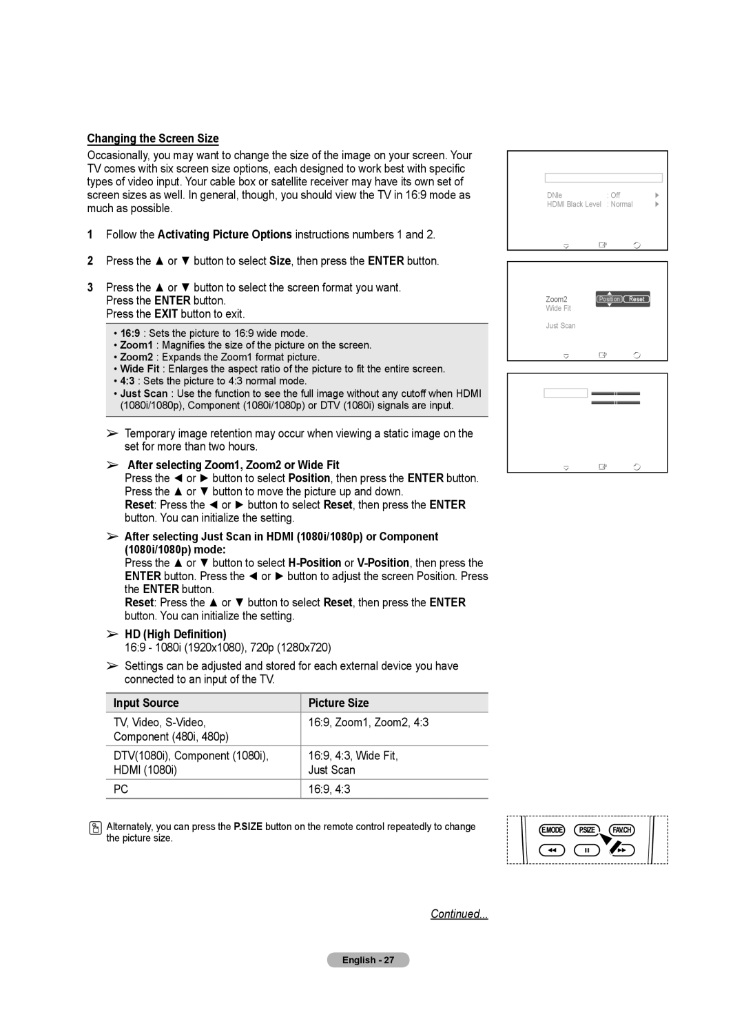 Samsung 460 user manual Changing the Screen Size, HD High Definition, Input Source Picture Size, Picture Options 