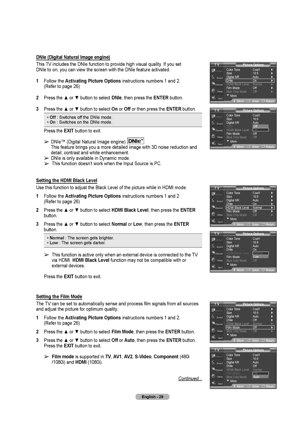 Samsung 460 user manual DNIe Digital Natural Image engine, Setting the Hdmi Black Level, Setting the Film Mode 