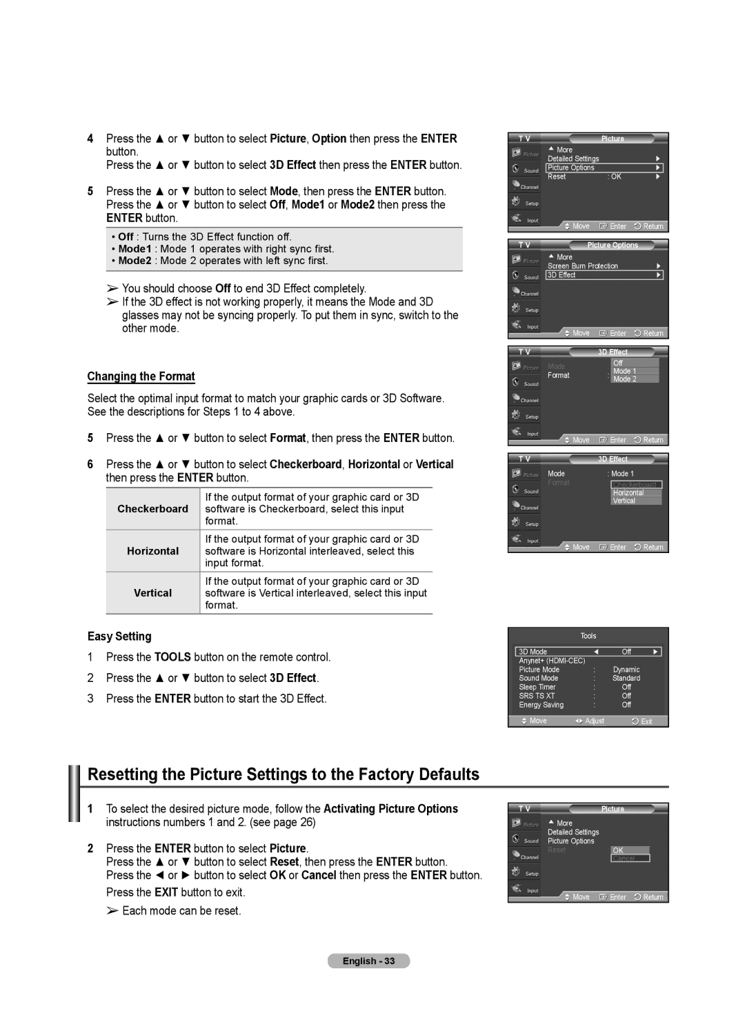 Samsung 460 Resetting the Picture Settings to the Factory Defaults, Changing the Format, Checkerboard, 3D Effect 