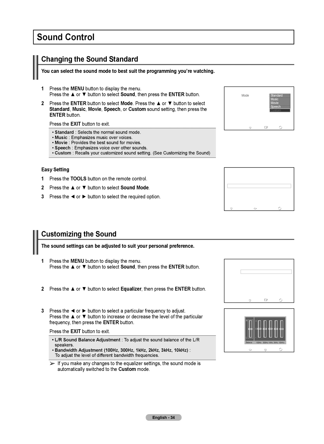 Samsung 460 user manual Sound Control, Changing the Sound Standard, Customizing the Sound 