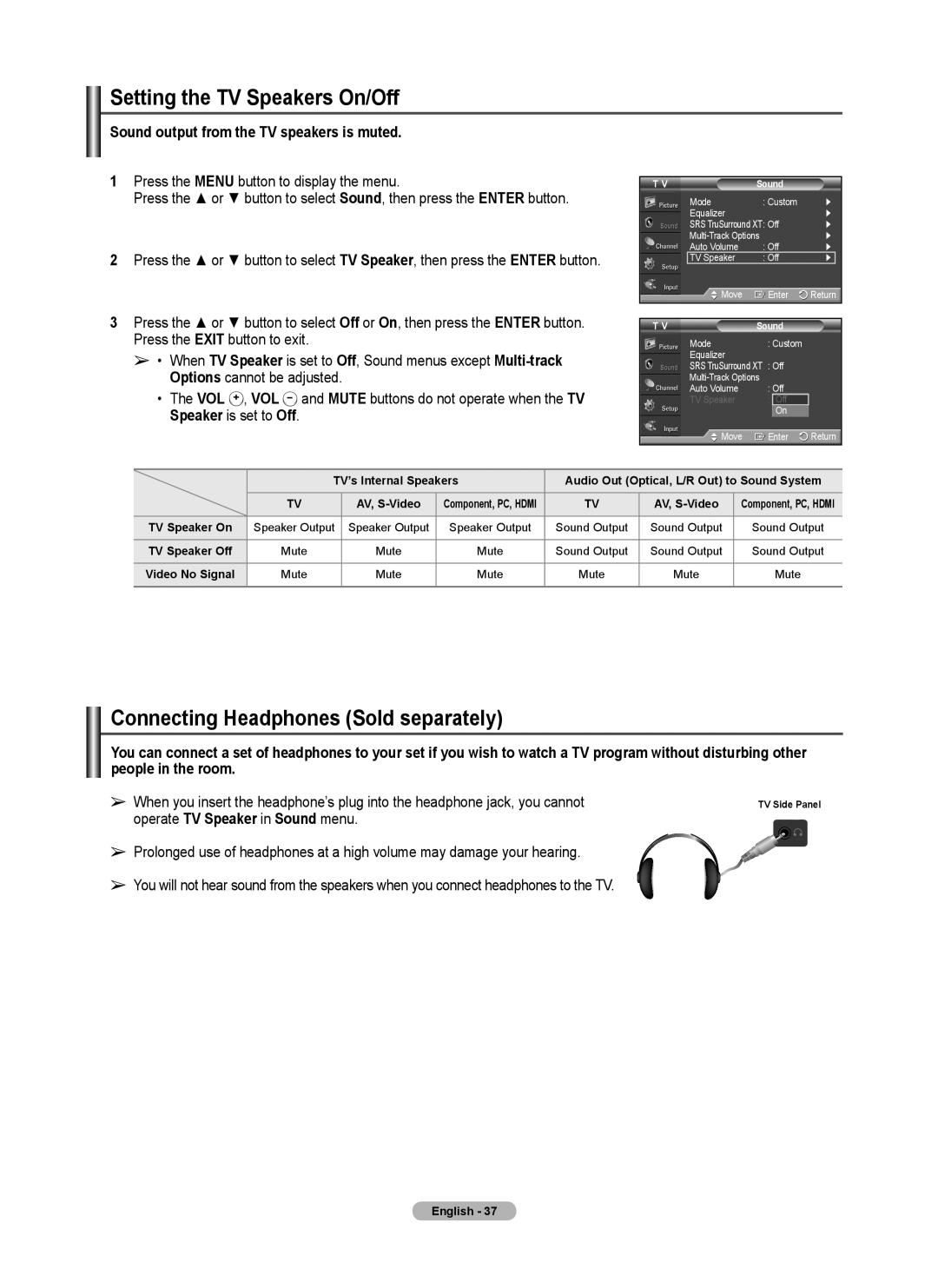 Samsung 460 user manual Setting the TV Speakers On/Off, Connecting Headphones Sold separately 