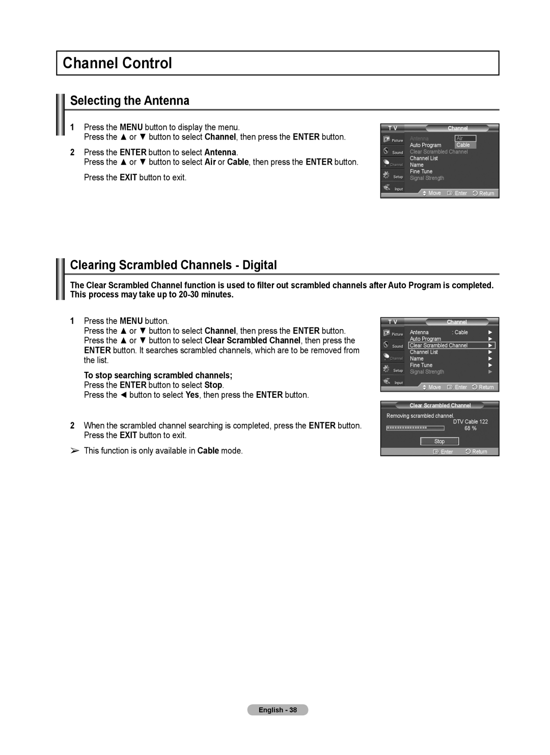 Samsung 460 user manual Channel Control, Selecting the Antenna, Clearing Scrambled Channels Digital 