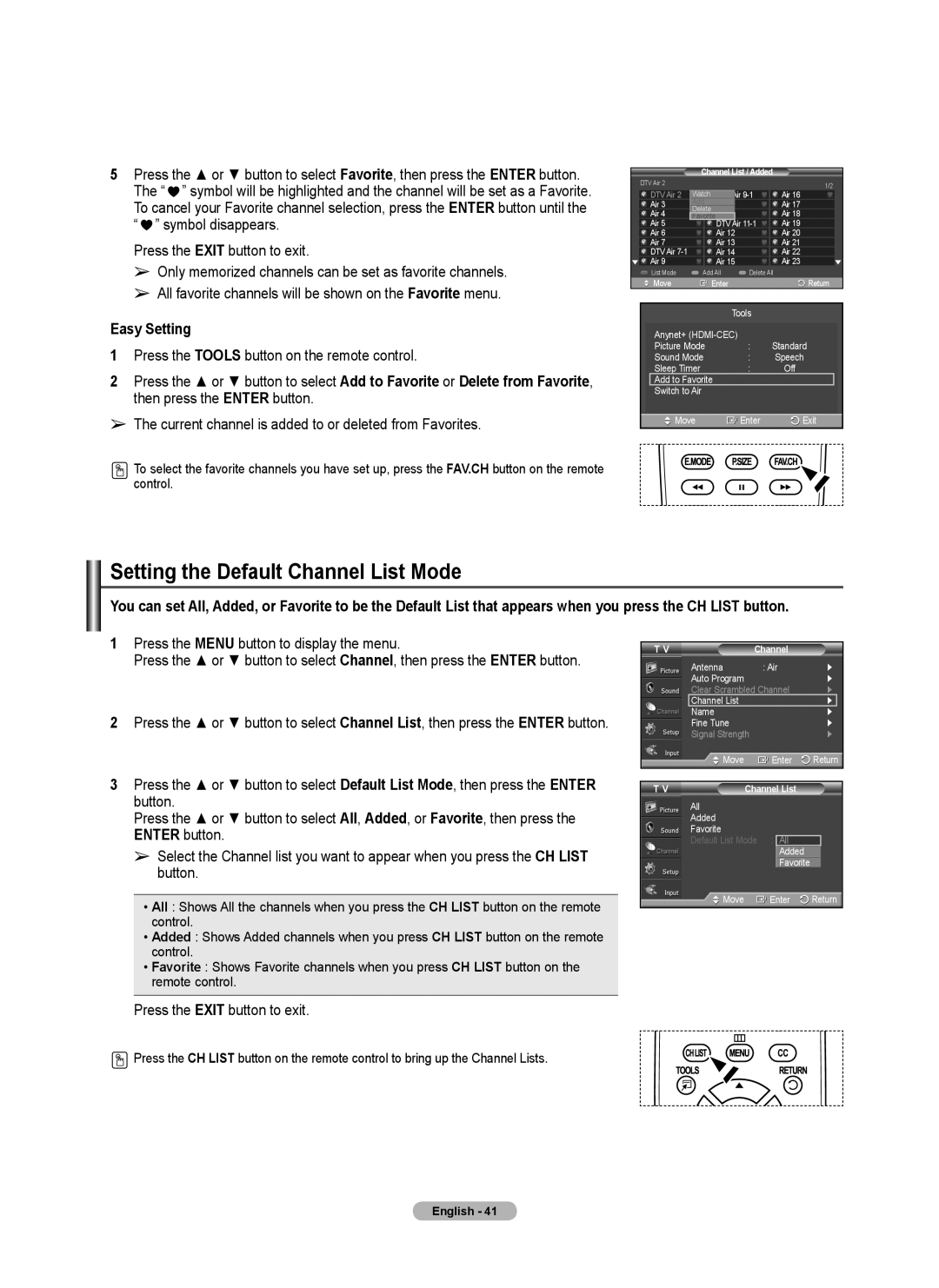 Samsung 460 user manual Setting the Default Channel List Mode, Button, Enter button 