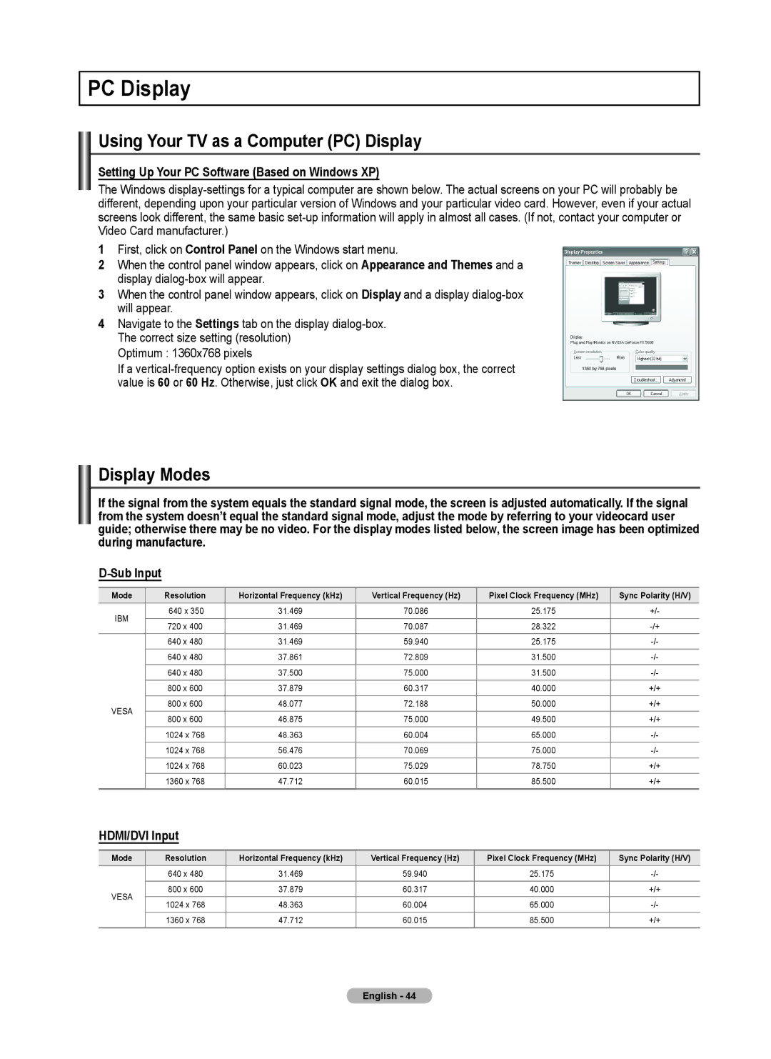 Samsung 460 Using Your TV as a Computer PC Display, Display Modes, Setting Up Your PC Software Based on Windows XP 