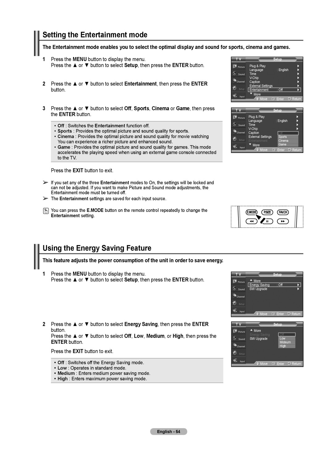 Samsung 460 user manual Setting the Entertainment mode, Using the Energy Saving Feature, Entertainment setting 