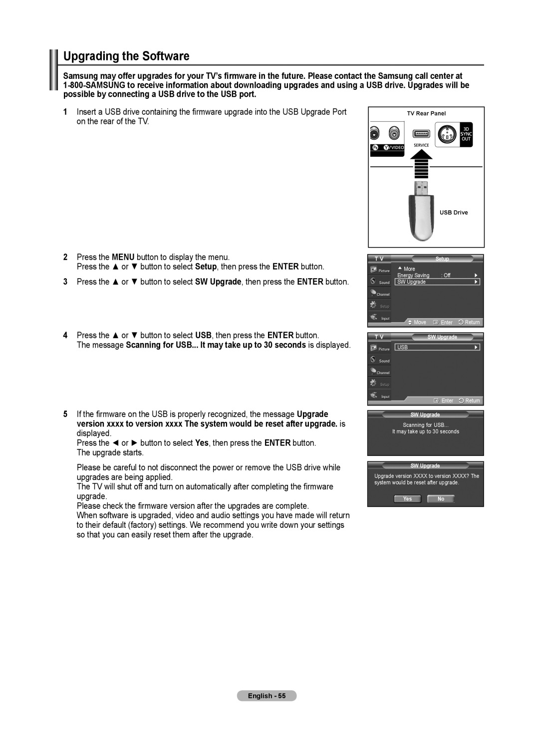 Samsung 460 user manual Upgrading the Software, SW Upgrade, Yes No 