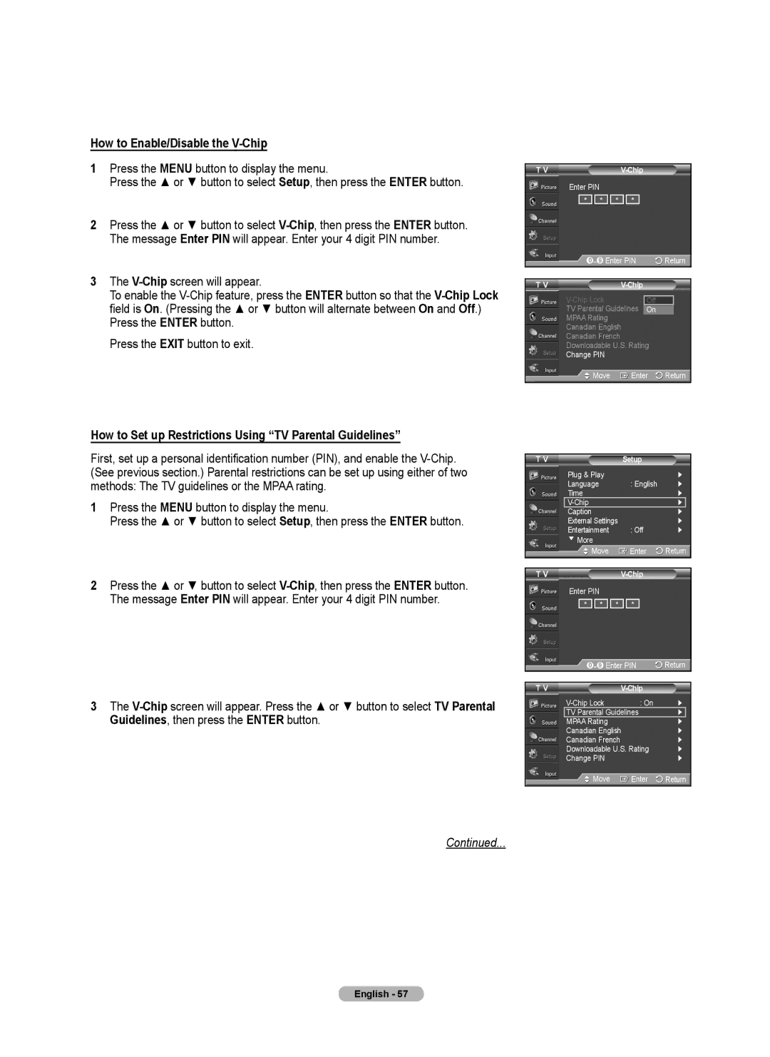 Samsung 460 user manual How to Enable/Disable the V-Chip, How to Set up Restrictions Using TV Parental Guidelines 