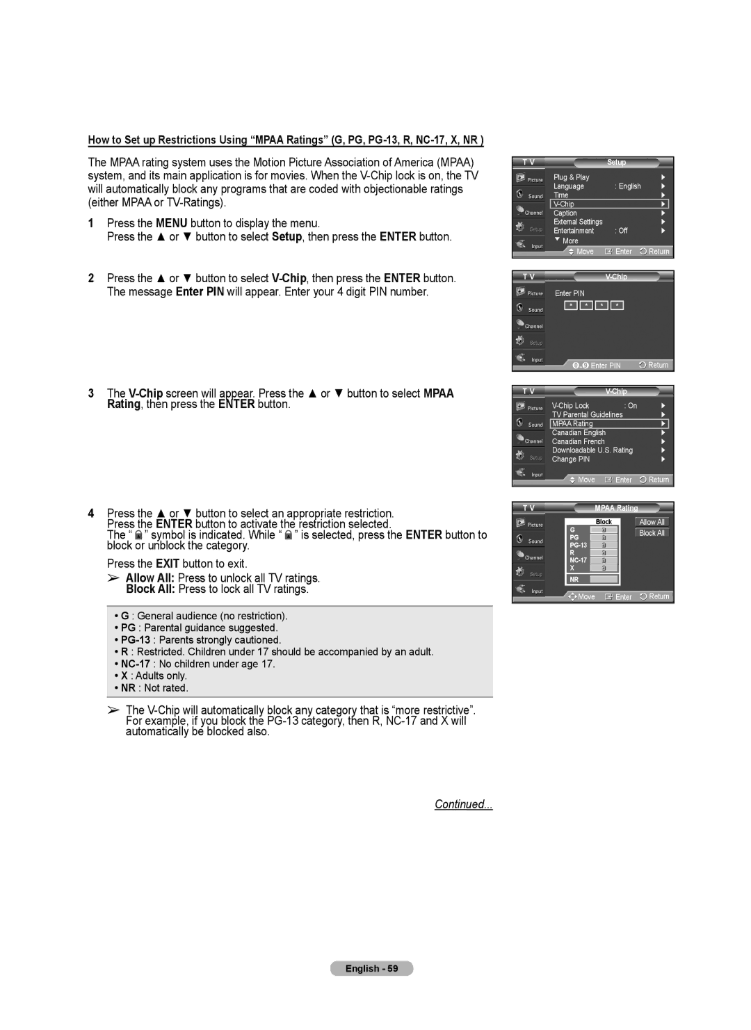 Samsung 460 user manual Chip Lock TV Parental Guidelines 