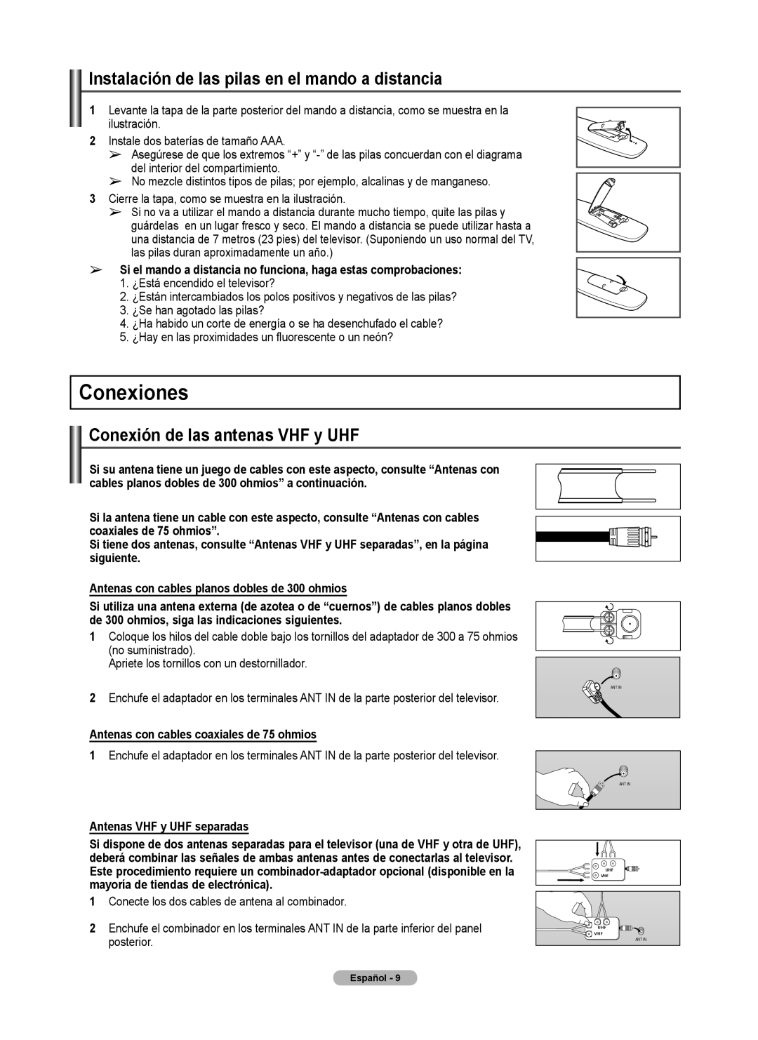 Samsung 460 user manual Conexiones, Instalación de las pilas en el mando a distancia, Conexión de las antenas VHF y UHF 