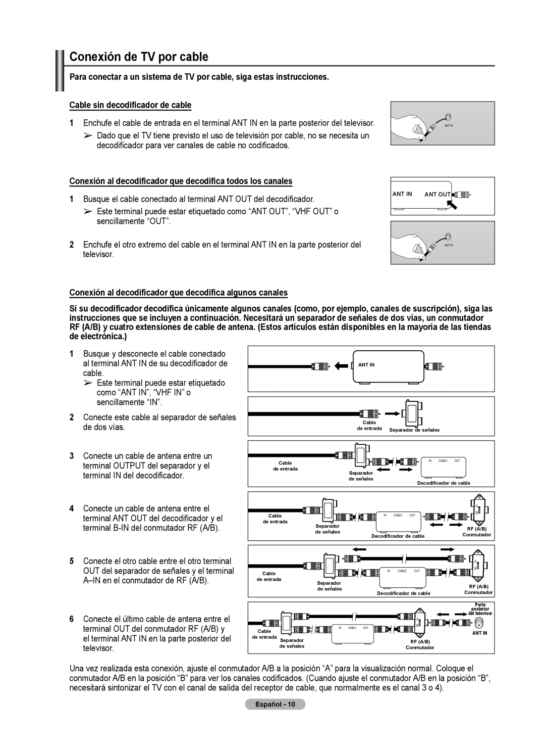 Samsung 460 user manual Conexión de TV por cable, Conexión al decodificador que decodifica todos los canales 