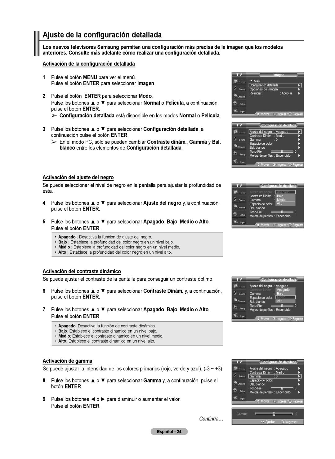 Samsung 460 Ajuste de la configuración detallada, Activación del ajuste del negro, Activación del contraste dinámico 