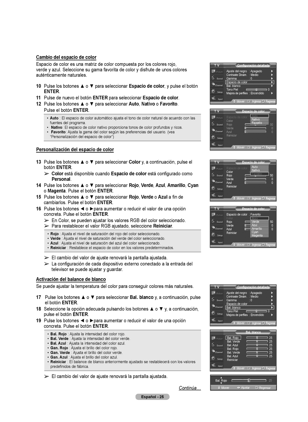 Samsung 460 user manual Cambio del espacio de color, Personalización del espacio de color, Activación del balance de blanco 