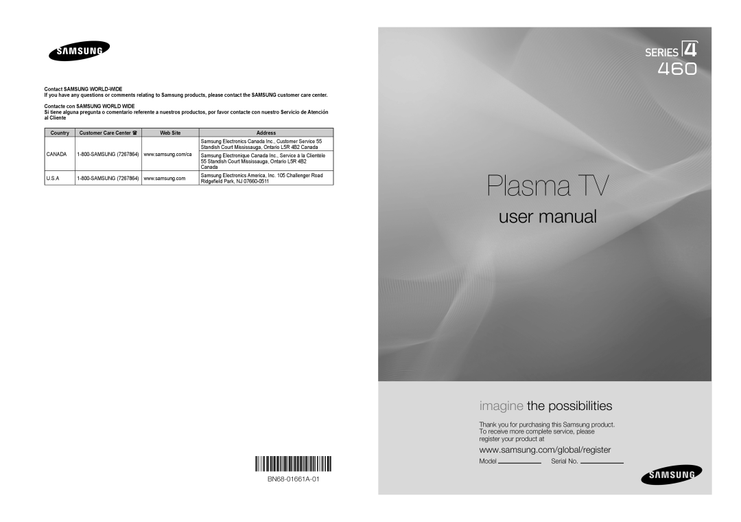 Samsung 460 user manual Plasma TV, imagine the possibilities, BN68-01661A-01, Model 