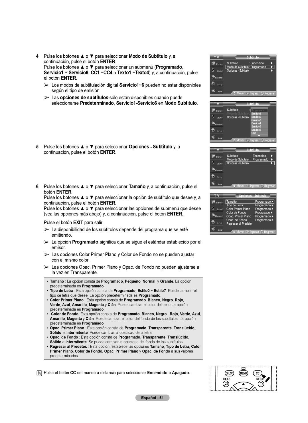 Samsung 460 user manual Modo de Subtítulo, ProgramadoServicio1 