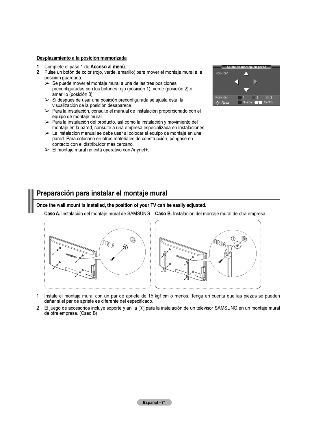 Samsung 460 user manual Preparación para instalar el montaje mural, Desplazamiento a la posición memorizada 