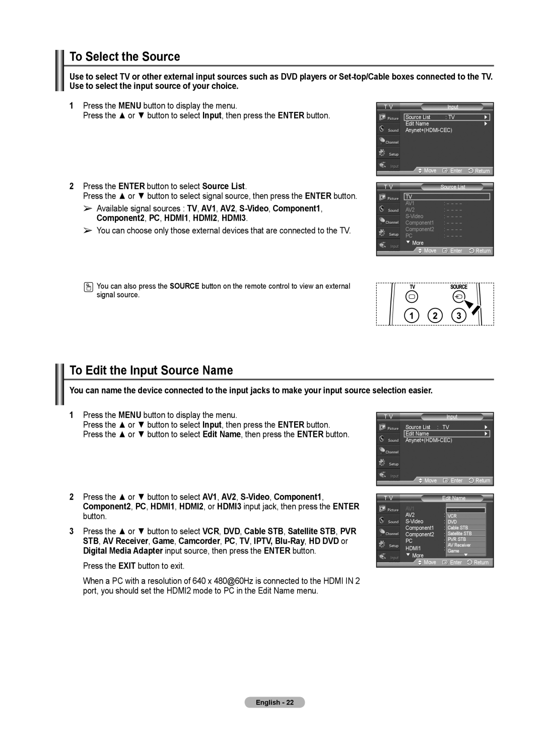 Samsung 460 user manual To Select the Source, To Edit the Input Source Name 