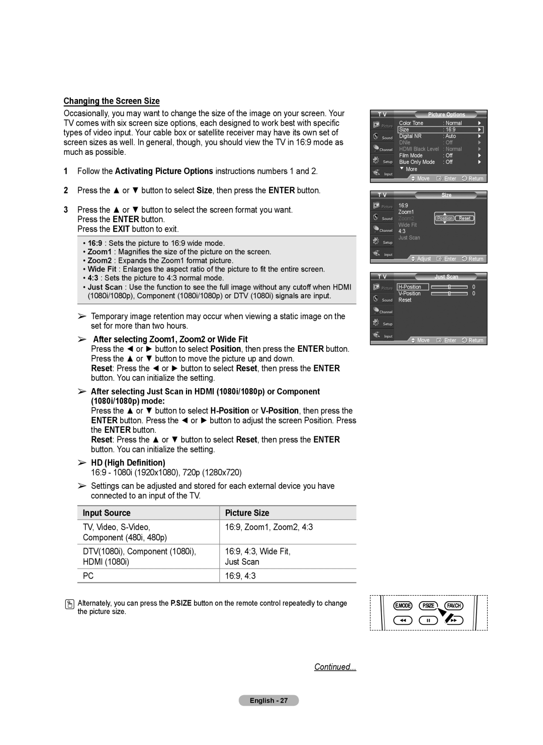 Samsung 460 user manual Changing the Screen Size, HD High Definition, Input Source, Picture Size, Continued 