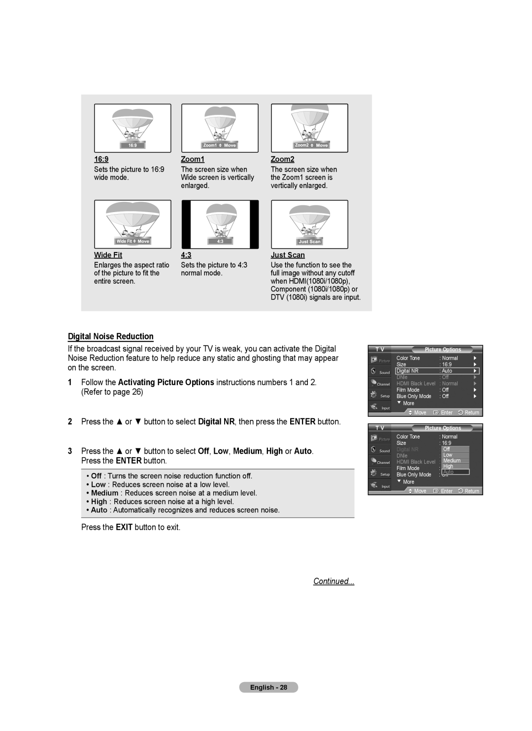 Samsung 460 user manual Digital Noise Reduction, Continued, Wide Fit, Zoom1, Zoom2, Just Scan 